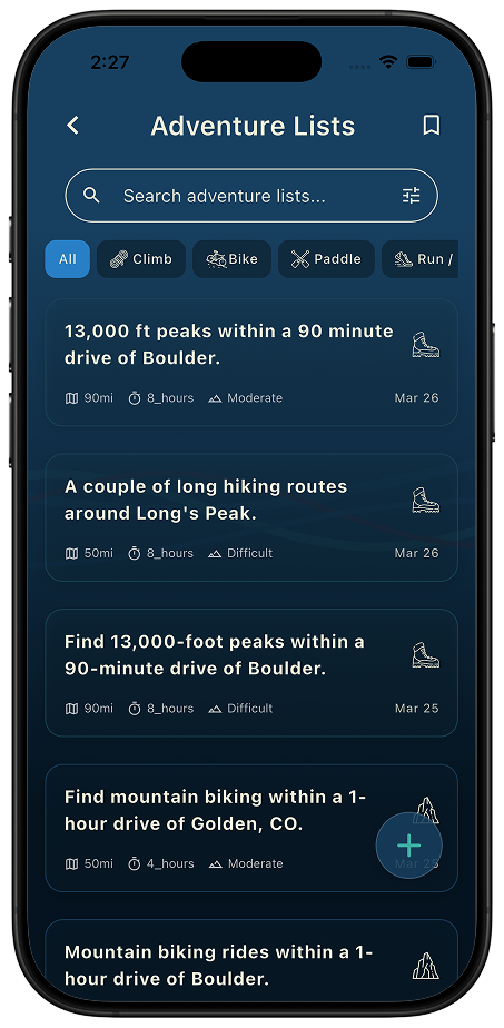 Describe the adventure you want — Thred AI builds and maps the full list in seconds Thred Adventure Lists screen displaying AI-generated outdoor adventure trips with routes and details