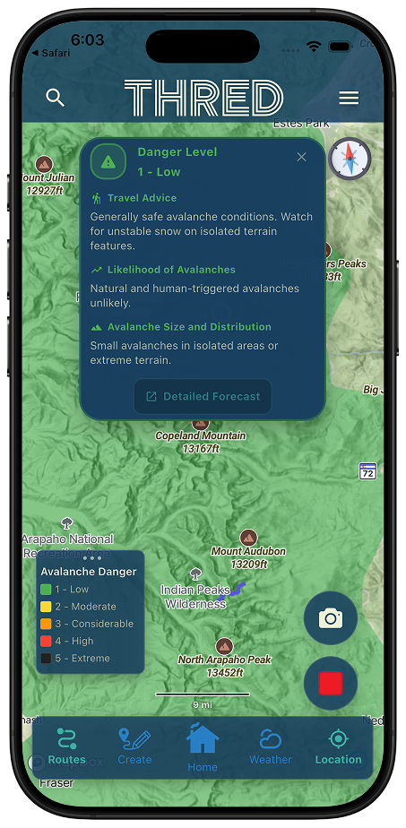 Danger level cards with specific travel advice — know before you go Thred map screen showing Danger Level 1 Low avalanche risk card with specific travel advice overlay