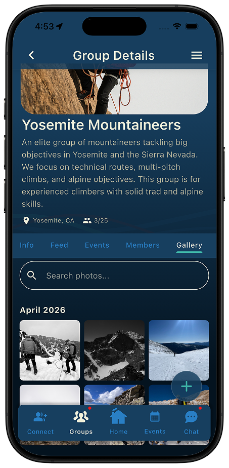 Thred group gallery screen showing shared adventure photos