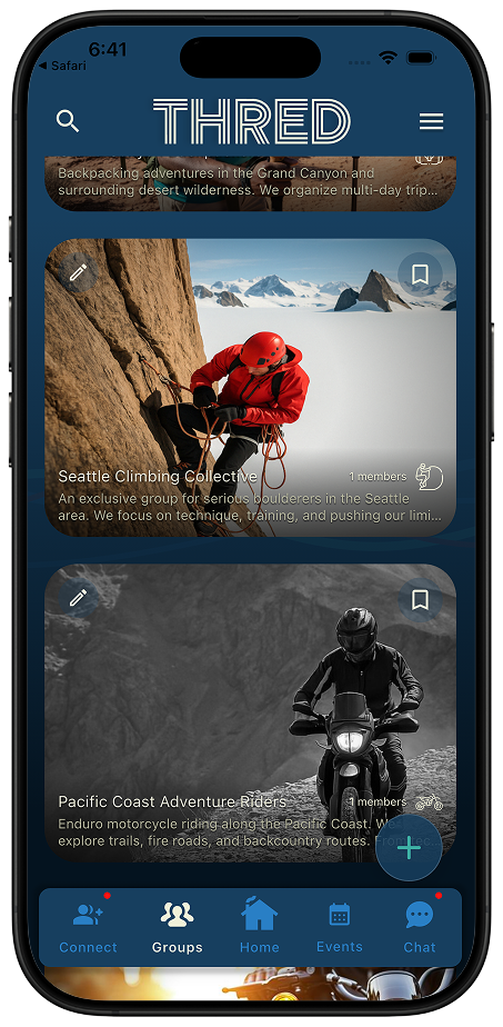 Thred Groups discovery screen showing local adventure partners and suggested groups