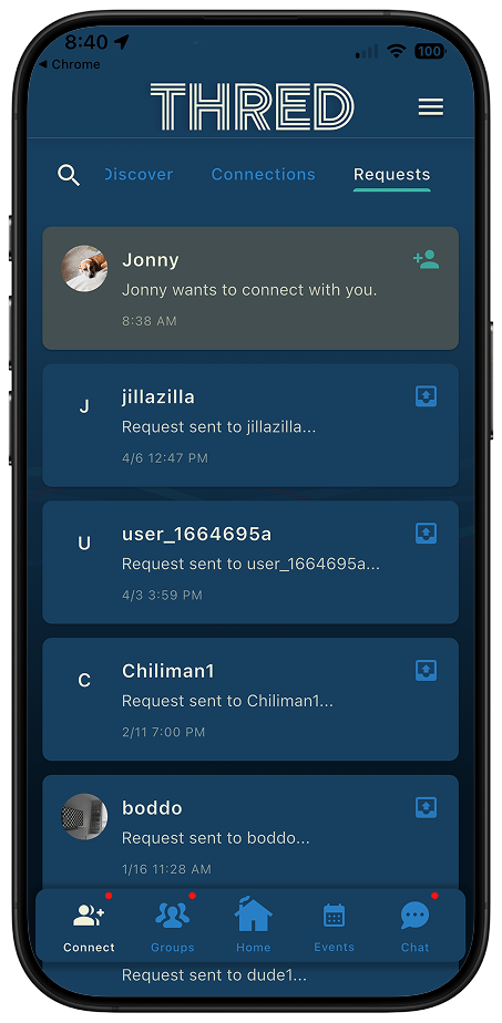 Thred social feed showing adventure post cards and map context