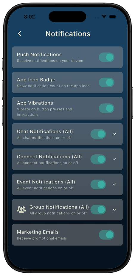 Thred Connect privacy controls and safety settings screen