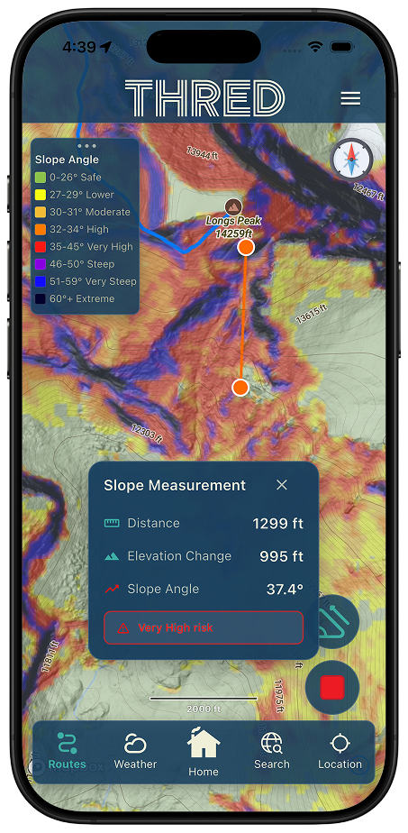 Slope angle overlay color-coded by risk threshold — identify dangerous terrain before you go Thred map screen with slope angle overlay color-coded by avalanche risk threshold showing dangerous terrain zones