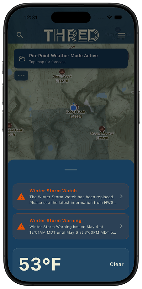 Severe weather alerts surface automatically — color-coded by severity level Thred map screen displaying Winter Storm Watch and Winter Storm Warning alert cards color-coded by severity