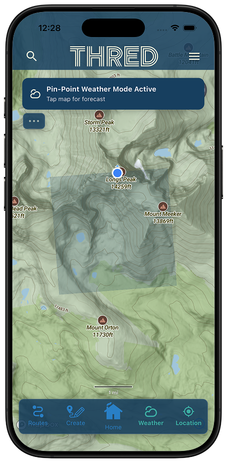 Route planning, weather, and slope data all on one map screen Thred map screen with Pinpoint Weather Mode active showing weather overlay on topo map
