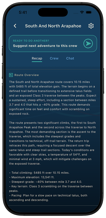 Route overviews written in your activity's language Thred route detail screen for South and North Arapahoe showing an activity-specific Route Overview with mileage, elevation gain, talus and Class 3 scrambling notes, and pacing guidance