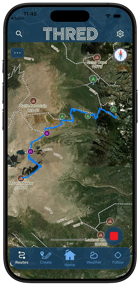 Satellite basemap showing a route over aerial photography
