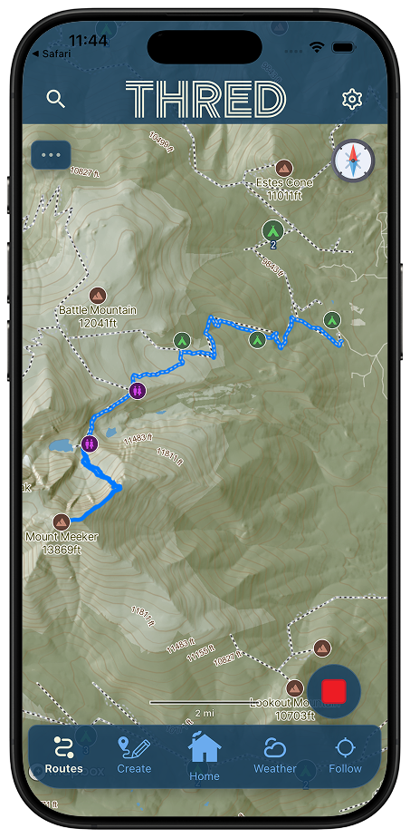 2D/3D Terrain basemap showing a route with contour lines and elevation shading