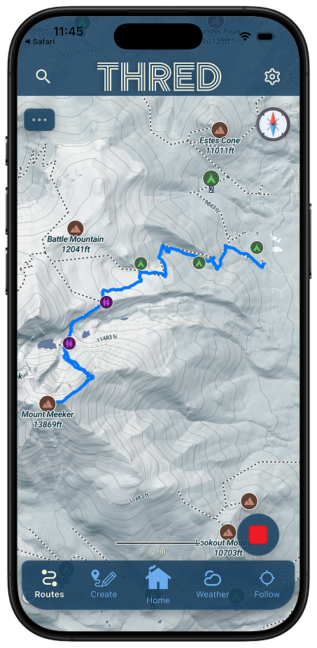 Winter Sports basemap showing a route over snow-covered terrain