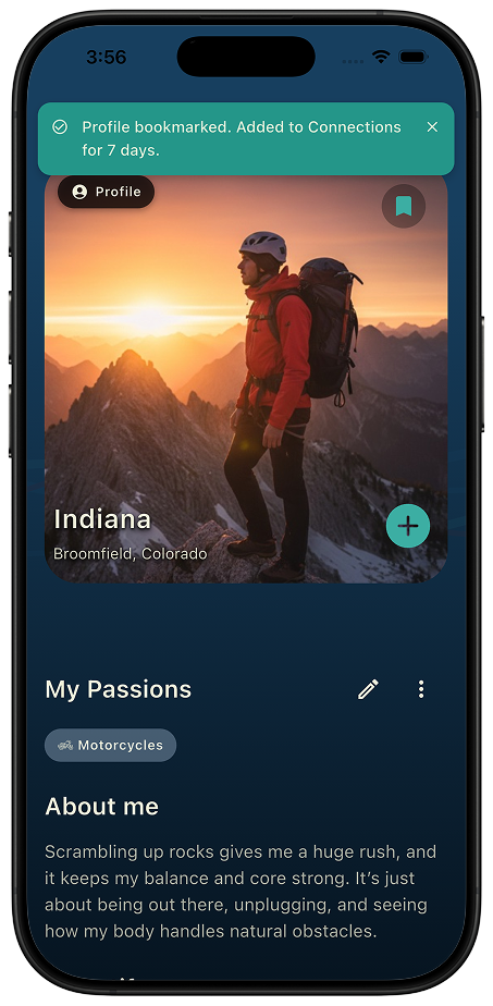 Thred profile card with a confirmation banner reading Profile bookmarked, added to Connections for 7 days
