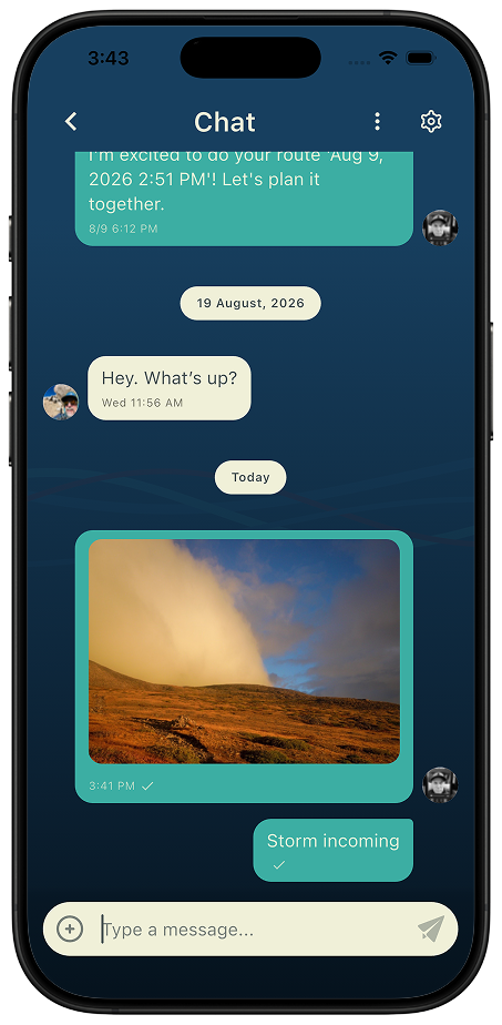 Thred direct message conversation with a shared trail photo and a route planning message