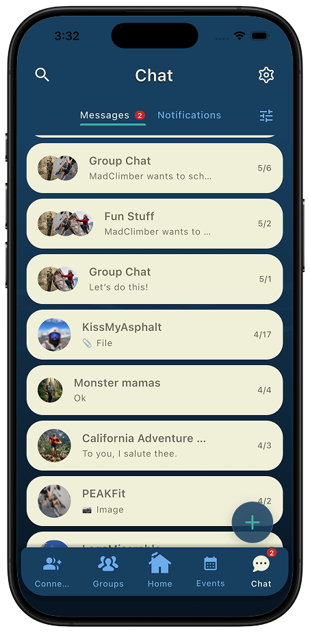 Thred Chat Messages tab listing group chats and direct conversations with unread badges