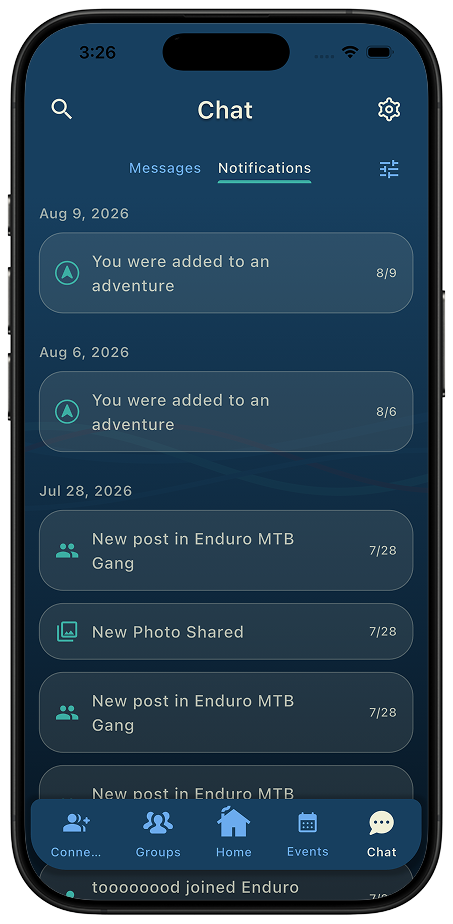 Thred Chat Notifications tab listing adventure invites, new group posts, and shared photos grouped by date