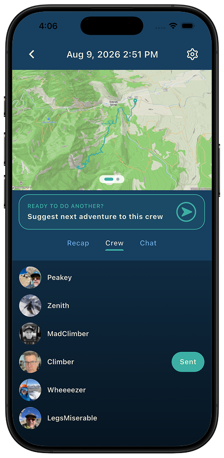 Thred adventure post crew list showing ride members with a Sent connection request status next to one of them