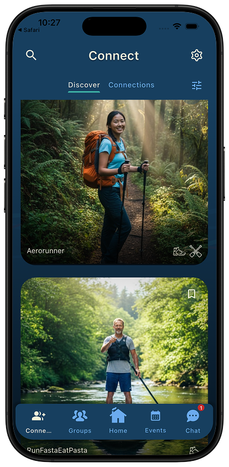 Connect discover feed showing adventurer profiles and activity badges
