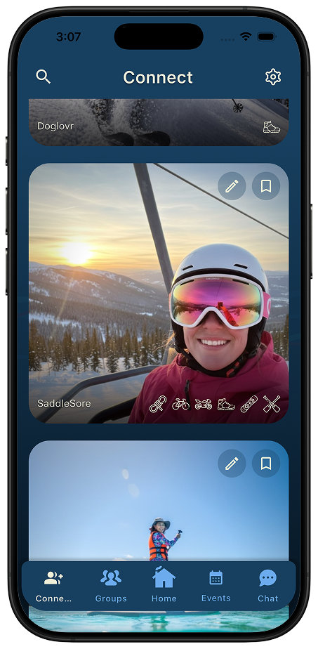 Thred Connect profile card showing an adventurer's username and the sport icons they participate in