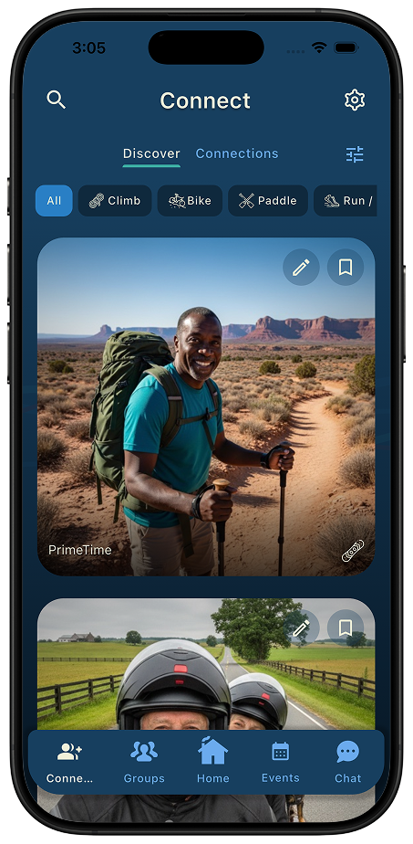 Thred Connect Discover tab with sport filter chips for Climb, Bike, Paddle, and Run above nearby adventurer profiles