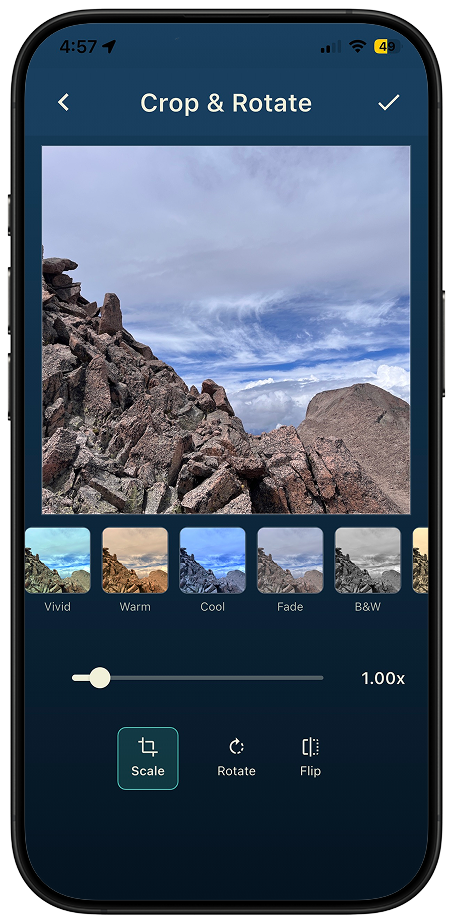 Thred in-app Crop & Rotate photo editor showing a summit photo with Vivid, Warm, Cool, Fade, and B&W filter presets and scale, rotate, and flip controls