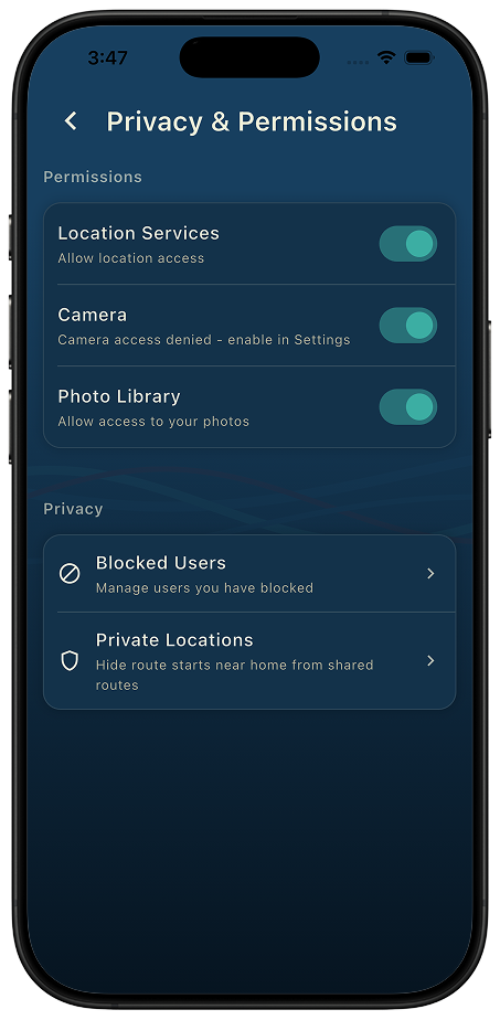 Thred Privacy and Permissions screen with toggles for location, camera, and photo access above blocked users and private locations controls
