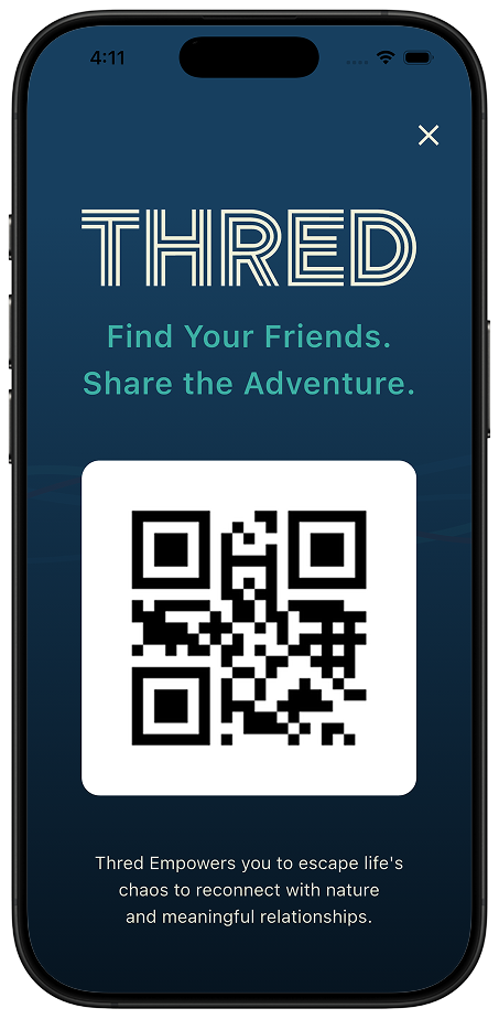 Thred QR share screen with a scannable app download code under the Find Your Friends, Share the Adventure headline