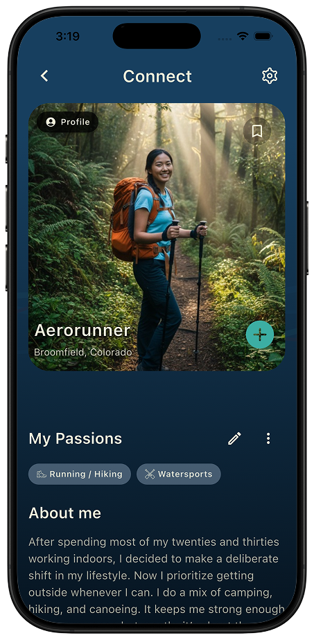 Thred Connect profile of an existing connection with Running / Hiking and Watersports listed under My Passions