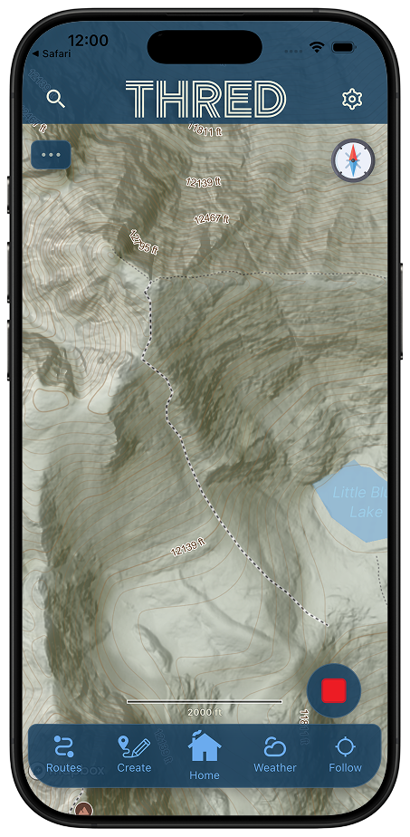 Contour lines tightening across a steep drainage, with an elevation label and a trail crossing the slope