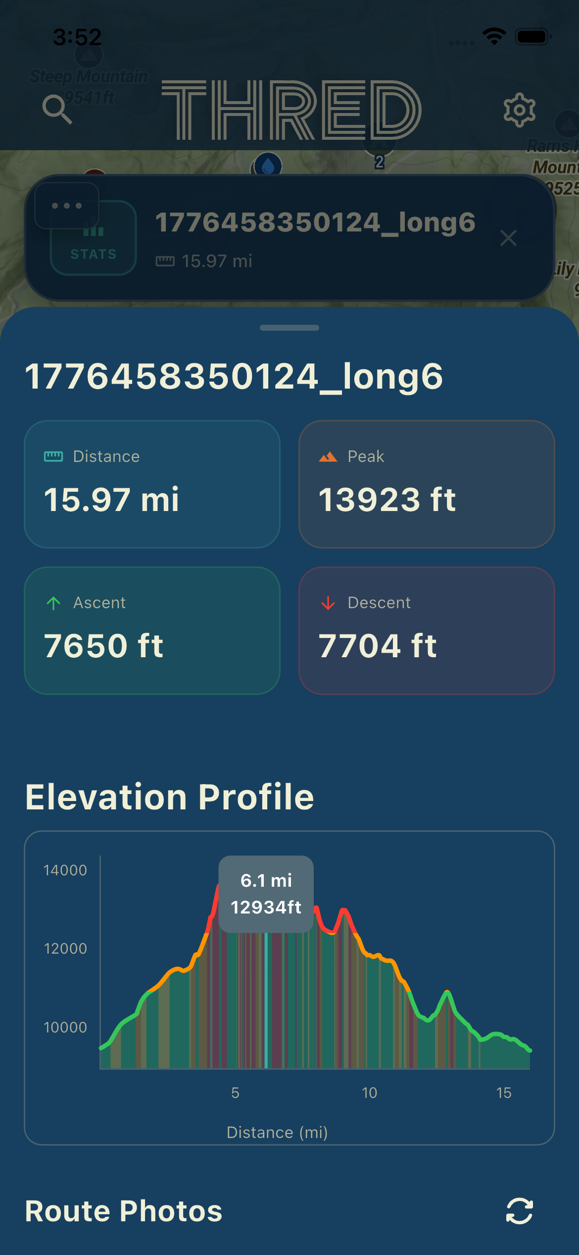 Thred cleaned-up elevation chart with a Distance (mi) label and a tap-to-explore hint