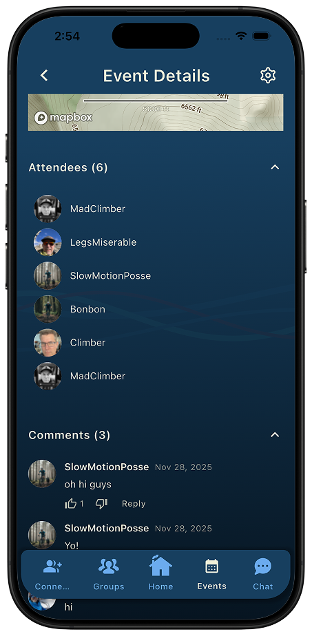 Thred event details screen showing the attendee list and comment thread for an event
