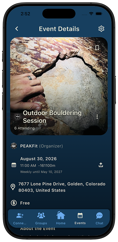 Thred event details screen showing an outdoor event overview