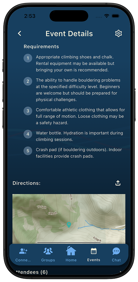 Thred event details screen showing a numbered gear and skill requirements list above a directions map