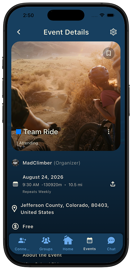 Thred event details screen for a group ride showing the organizer, date, distance, location, and cost