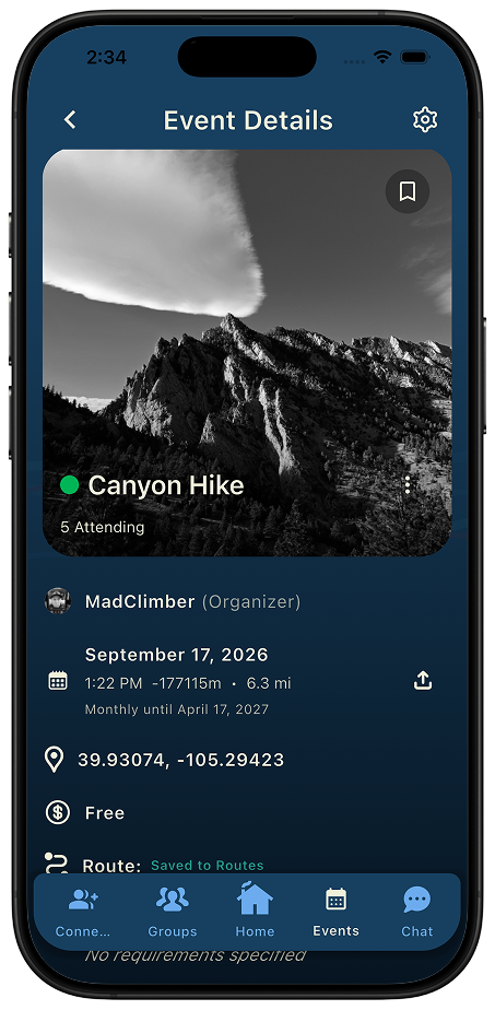 Thred event details screen showing the organizer, date, distance, location, and cost