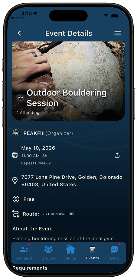 Thred event detail screen with RSVP and in-event chat