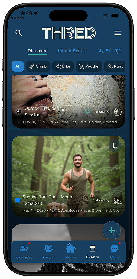 Thred events detail screen showing sport, skill level, and event information