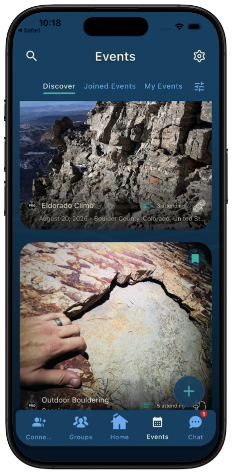 Group climbing events feed with upcoming outings and attendance