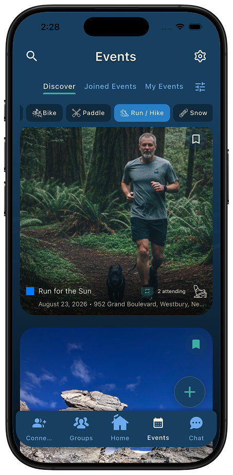 Thred events Discover tab showing upcoming outdoor events near you with sport filters