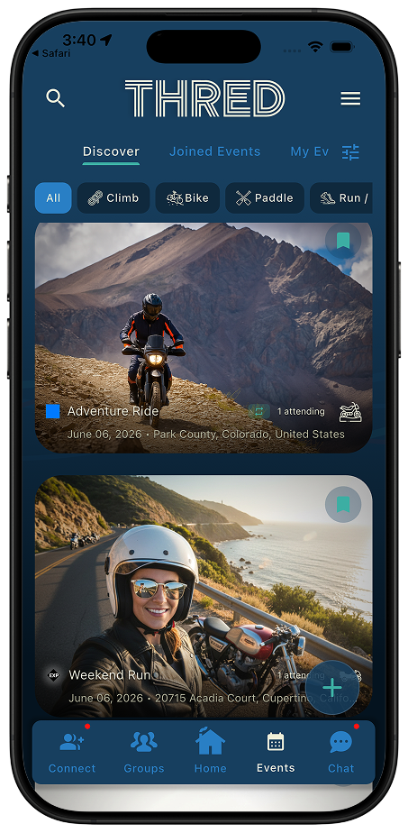 Thred events feed showing upcoming outdoor activities