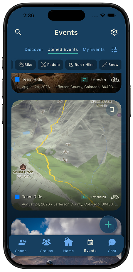 Thred Joined Events tab showing events you have RSVP'd to with the route map preview