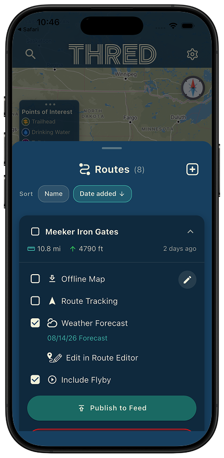Saved routes list with distance, elevation, offline map, and route tracking options