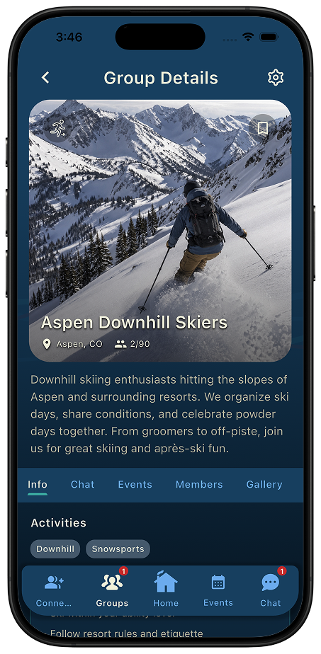 Thred group details screen showing a group's cover photo, description, and activity tags