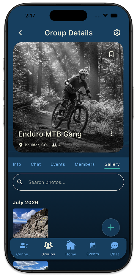 Thred group Gallery tab showing searchable shared adventure photos