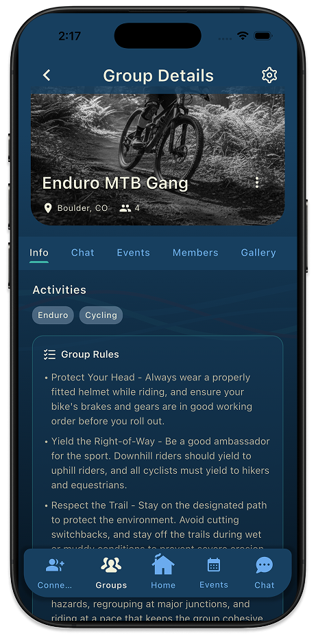 Thred group Info tab showing the group cover photo, activities, and group rules