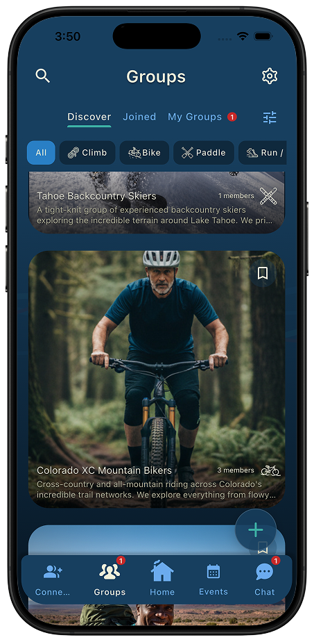 Thred group feed screen for discovering outdoor adventure groups