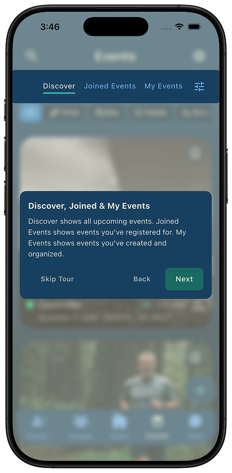 A tour step explaining the Events tabs, with Skip Tour always offered Thred Events screen dimmed behind a guided tour tooltip explaining the Discover, Joined Events, and My Events tabs, with Skip Tour, Back, and Next controls