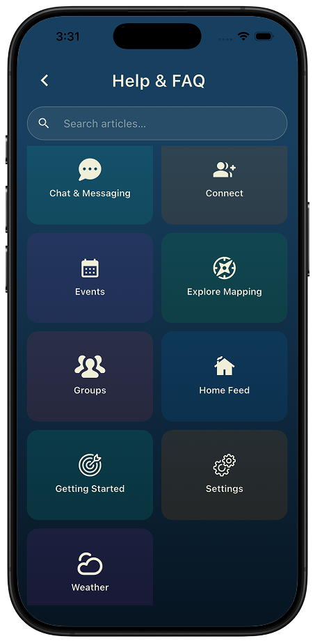 Every help topic, one tap from where you are Thred Help and FAQ home screen with a Search articles field above category tiles for Chat and Messaging, Connect, Events, Explore Mapping, Groups, Home Feed, Getting Started, Settings, and Weather