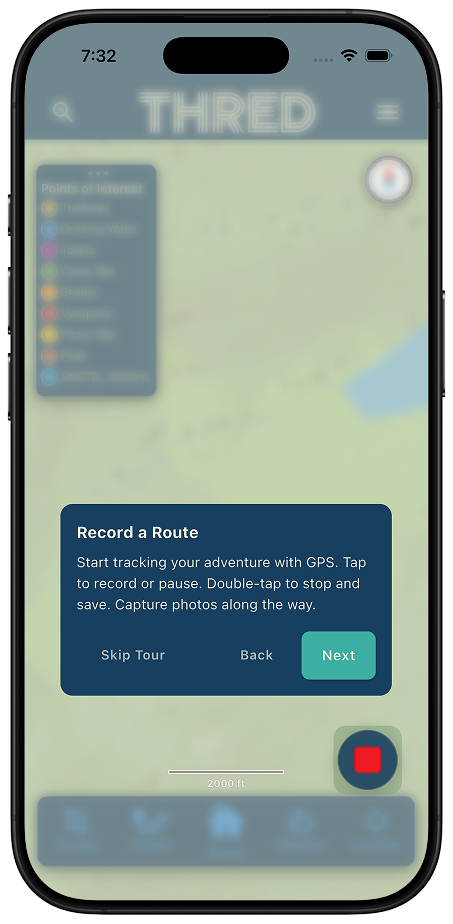 Thred app contextual help tooltip on the map screen