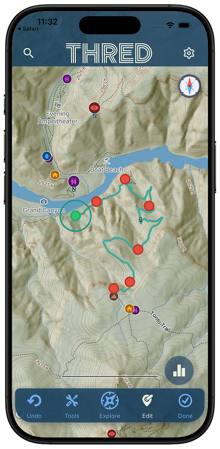 Thred map screen for planning and creating outdoor routes