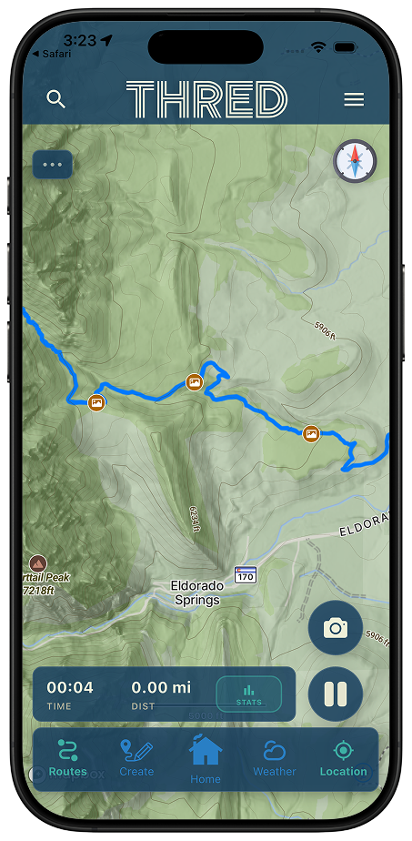Thred geo-mapped route planning view with trail overlays
