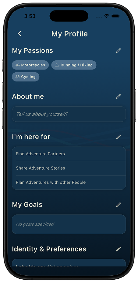 Every part of your profile stays editable Thred My Profile screen with editable sections for My Passions, About me, I'm here for, My Goals, and Identity and Preferences, each with a pencil icon