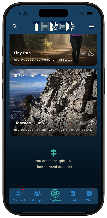 Thred paginated feed showing end-of-feed message encouraging users to get outside